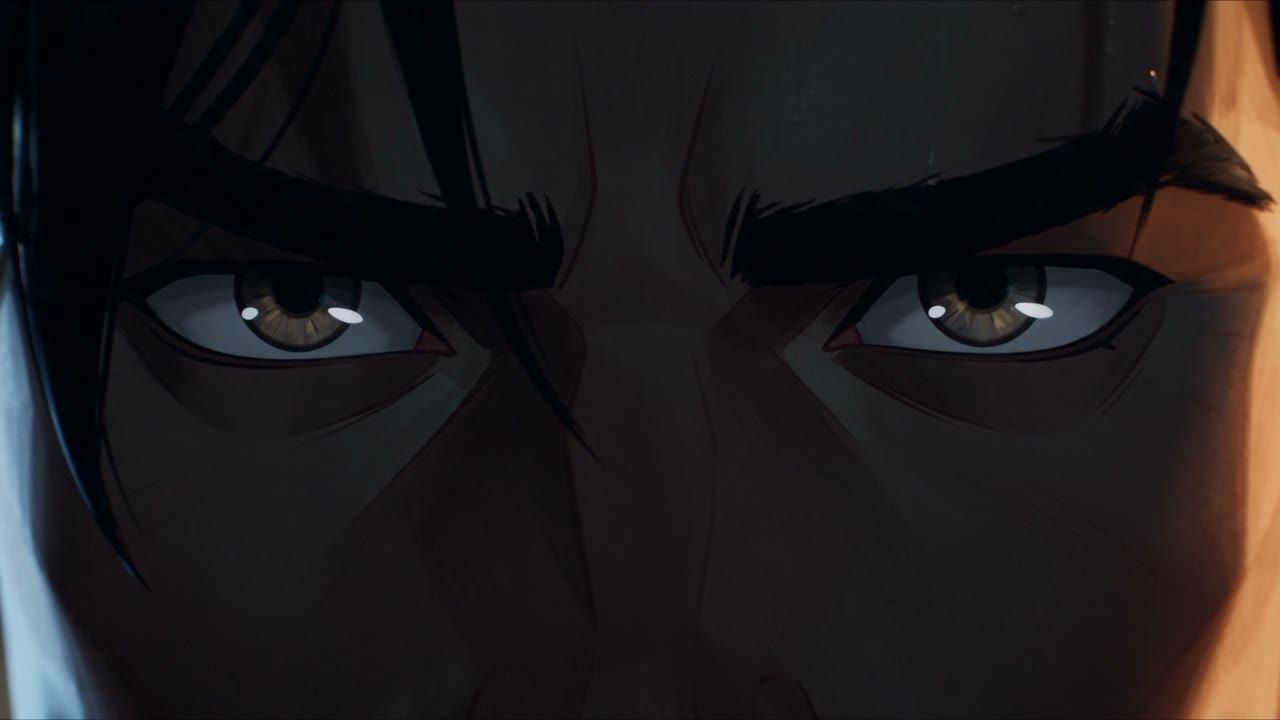 Close-up of Bruce Wayne's eyes, from a 2.5D animation study